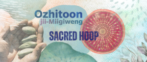 Graphic with textured art of hands and mandala with text "Ozhitoon, Sacred Hoop"