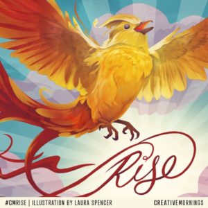 Illustration by Laura Spencer of yellow bird in flight with text "Rise"