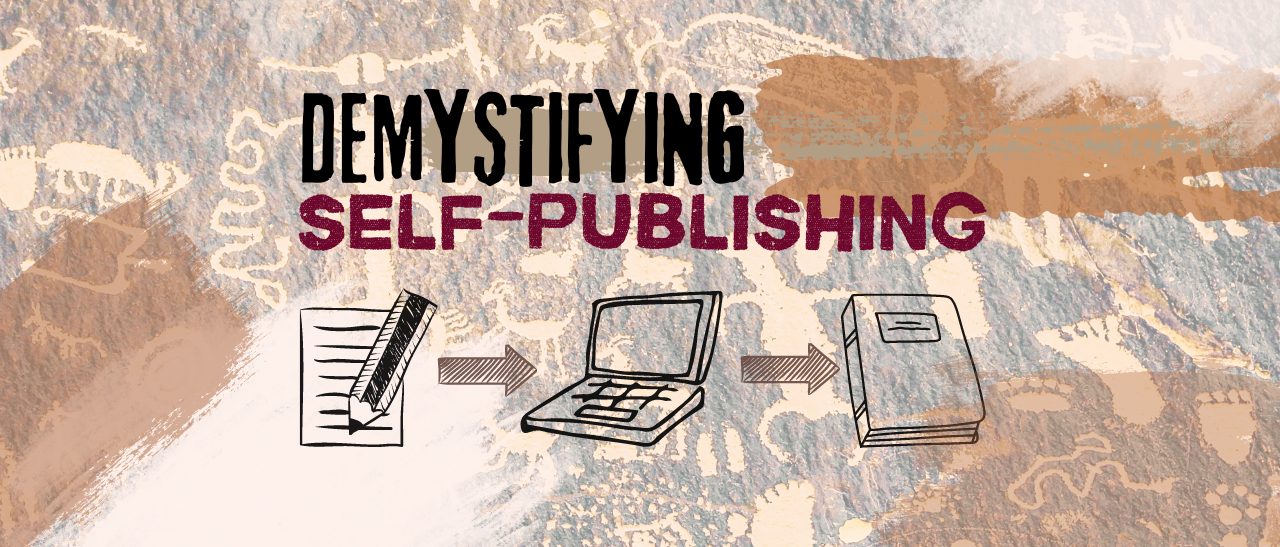 Pictographic artwork on textured background in brown and beige with text "Demystifying Self-Publishing"