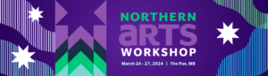Purple northern lights graphic with logo and text "Northern Arts Workshop 2024"
