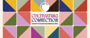 Quilt style multicoloured triangle shapes with text "Cultivating Connection" and Creative Manitoba logo