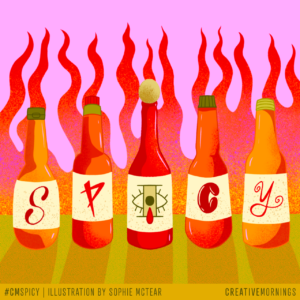 Illustration of hot sauce bottles with "spicy" printed on the labels