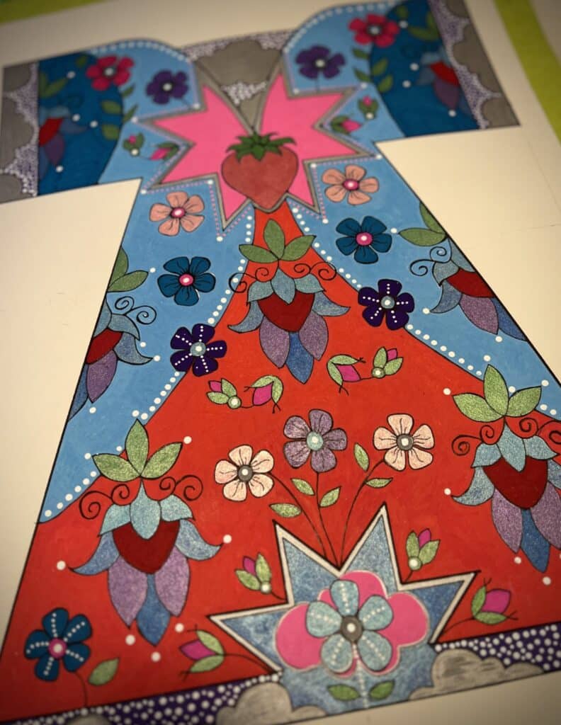 Dress shaped art with floral symmetrical design