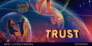 Illustration of earth from space with bubbles and text "TRUST"