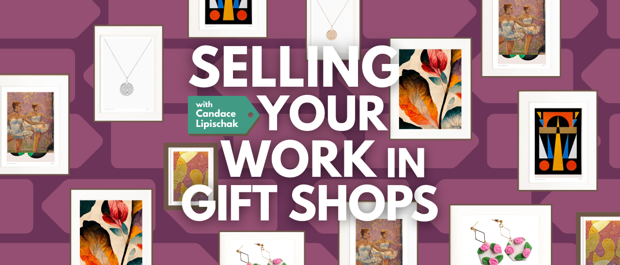 Purple background with various picture frames and jewelry and headline "Selling your Work in Gift Shops"