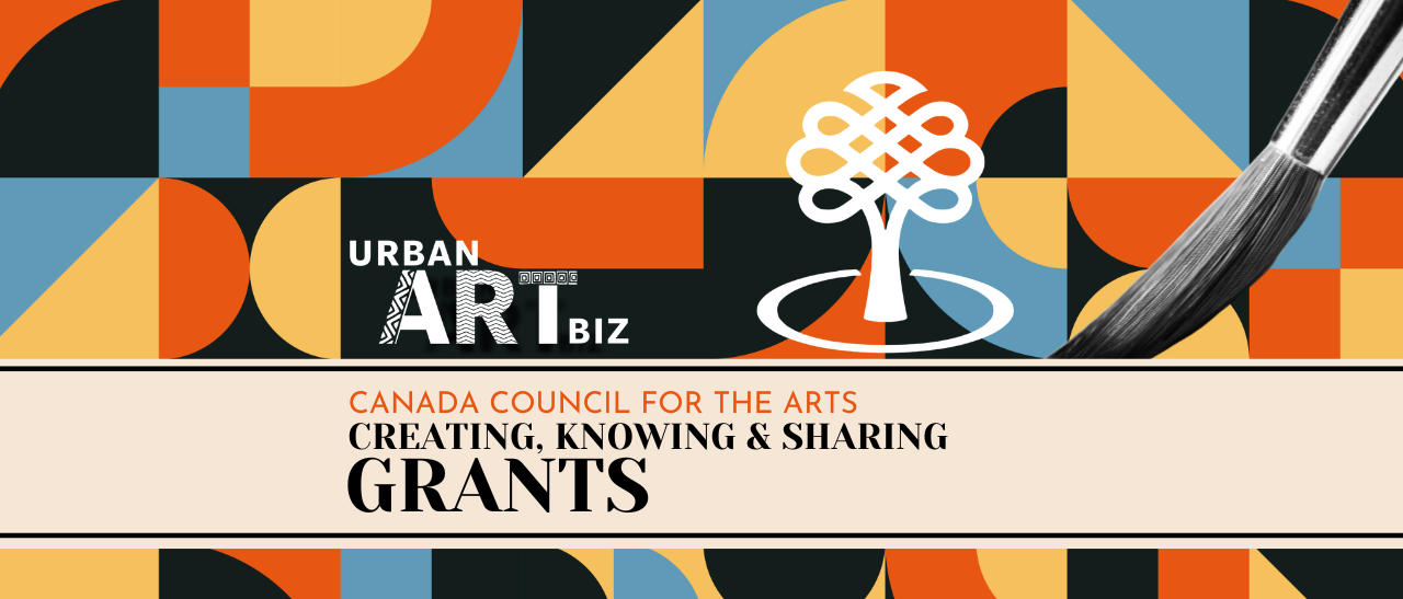 graphic pattern in orange, yellow, blue and black, text reads "Urban Art Biz, Canada Council for the Arts Creating, Knowing, and Sharing Grants"