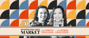 multicoloured pattern with black and white photos of man and woman and headline "Diversifying Your Market"