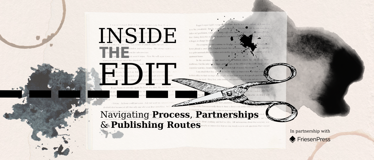 ink splattered book with scissor art cutting line across. Headline reads "Inside the Edit"