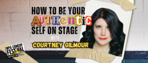 photo of woman taped up on cement wall with headline "How to be your Authentic Self on Stage"