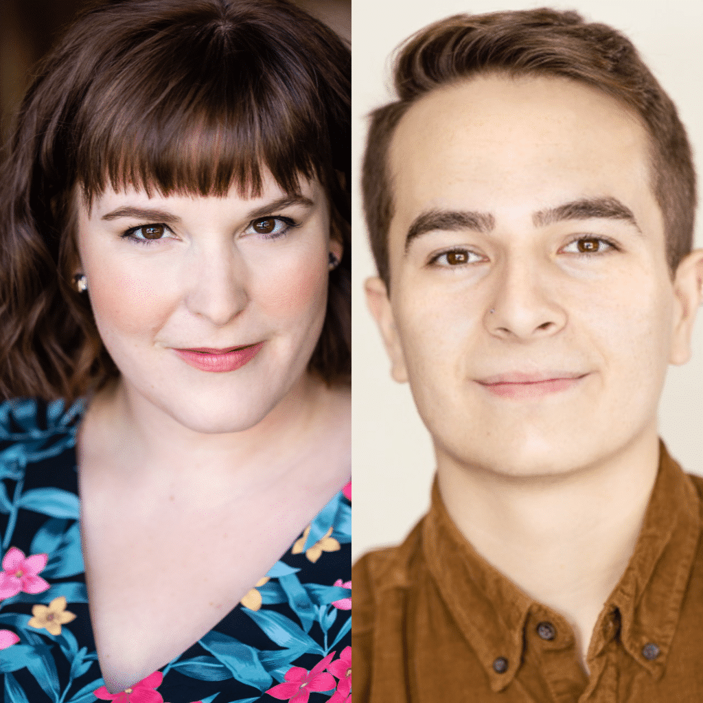 spliced image of woman and man looking at camera