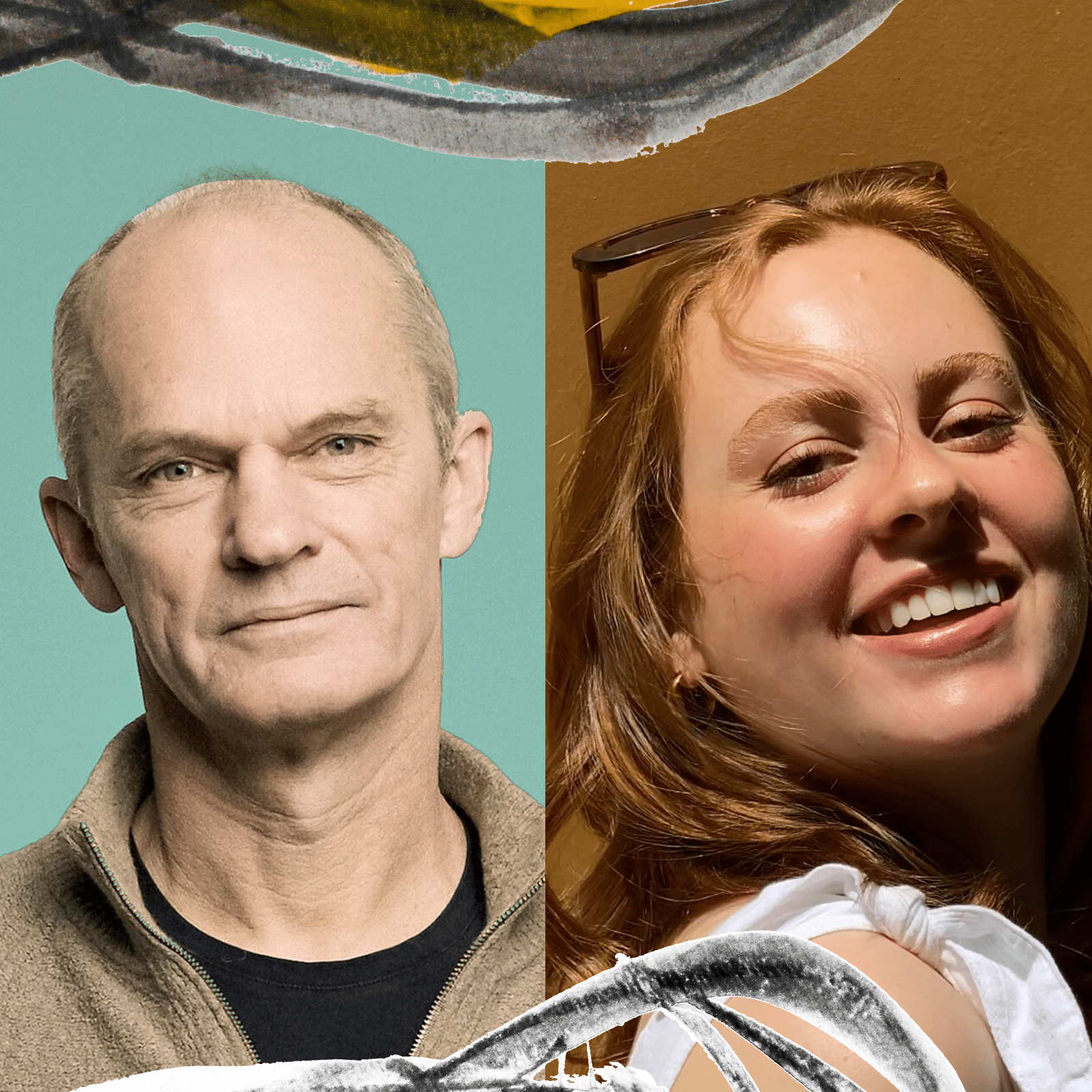 Split image of man facing forward and redheaded woman looking over shoulder