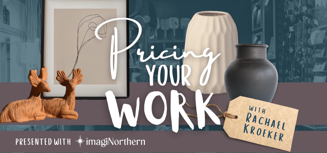 Blue toned graphic with ceramic vases and framed art on shelf. Text reads Pricing Your Work