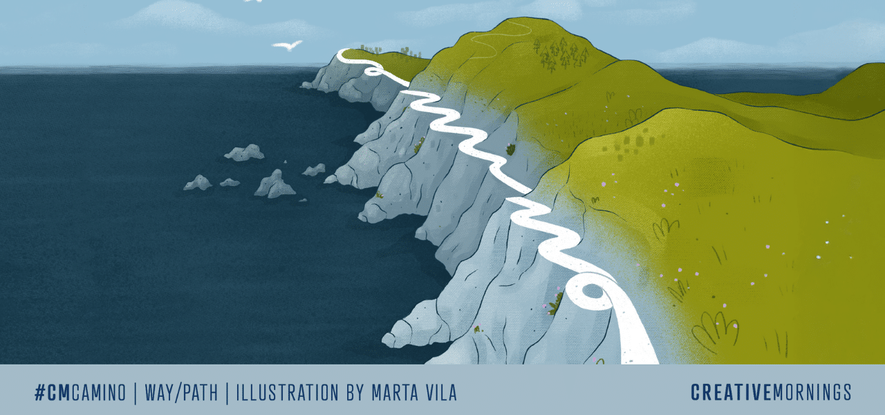 Illustration of coastal cliff with the word "camino" spelled out in script along the shoreline.