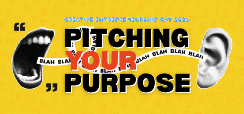 Yellow graphic with letter pattern in background. Black and white photo of mouth shouting with trail over to ear. Headline in middle reads Pitching Your Purpose