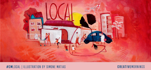 Red illustration of house, car, buildings in background in naive style