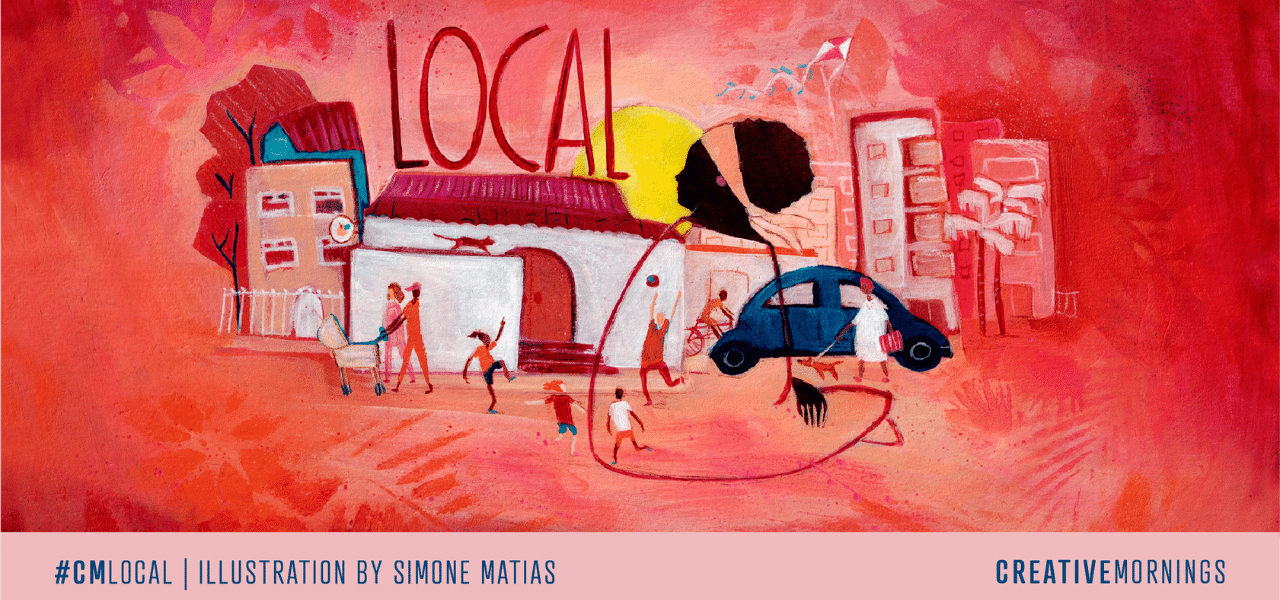 Red illustration of house, car, buildings in background in naive style