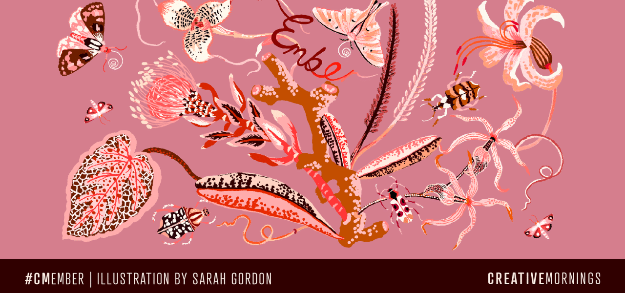 Pink floral illustration with multiple branches, text reads Ember