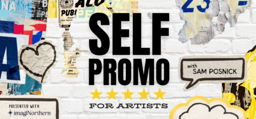 White brick wall with ripped posters in various colours and stickers on it. Text reads Self Promo for Artists