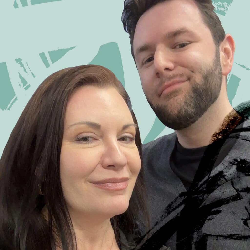 Woman with long brown hair on left and man with short brown hair on right, smiling at the camera