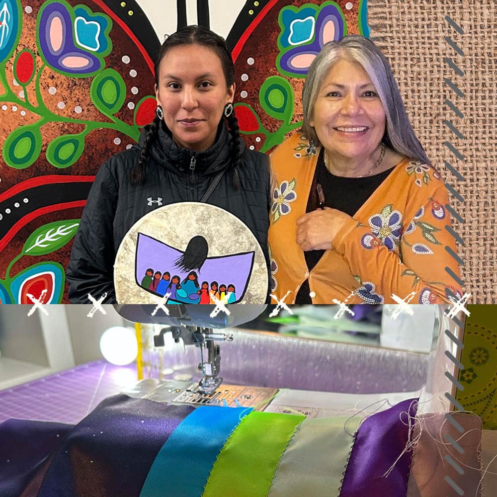 Two women standing in front of indigenous butterfly artwork. Composition also includes sewing machine working on ribbon skirt.