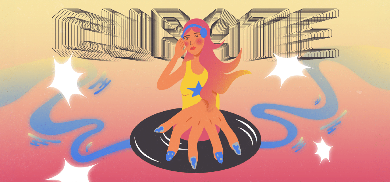 Orange and yellow gradient background with illustration of DJ spinning record