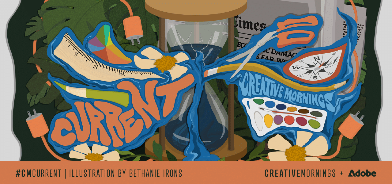 Illustration of cracked hourglass leaking art supplies with the word "Current"