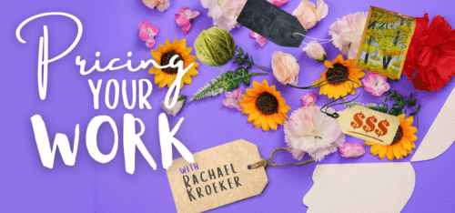 Purple graphic with cut out paper head, flowers popping out with price tags and art items, headline reads Pricing Your Work