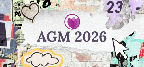 A collage of torn posters and graffiti on a brick wall features the letters "AGM" with a purple tulip logo, a heart, a cloud illustration, a mouse cursor, and the number 23.