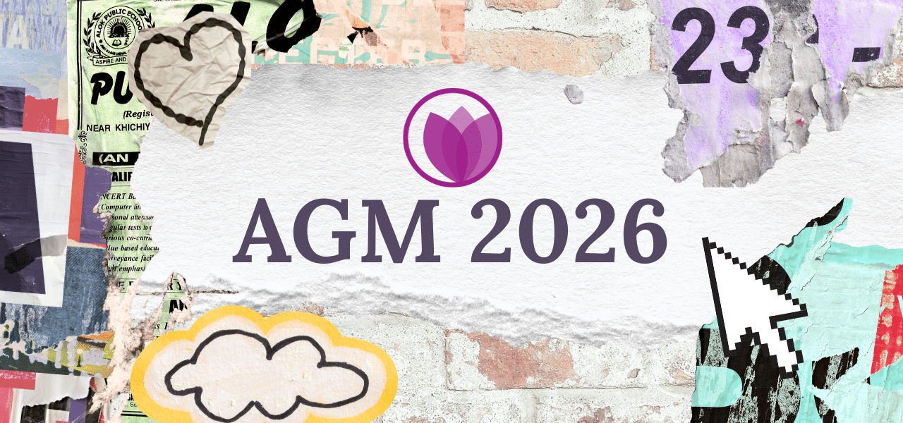 A collage of torn posters and graffiti on a brick wall features the letters "AGM" with a purple tulip logo, a heart, a cloud illustration, a mouse cursor, and the number 23.