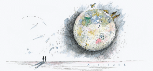 Watercolour illustration of a full moon with splatters. Two people are looking up at it from the ground.