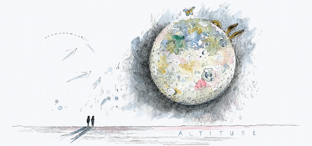 Watercolour illustration of a full moon with splatters. Two people are looking up at it from the ground.